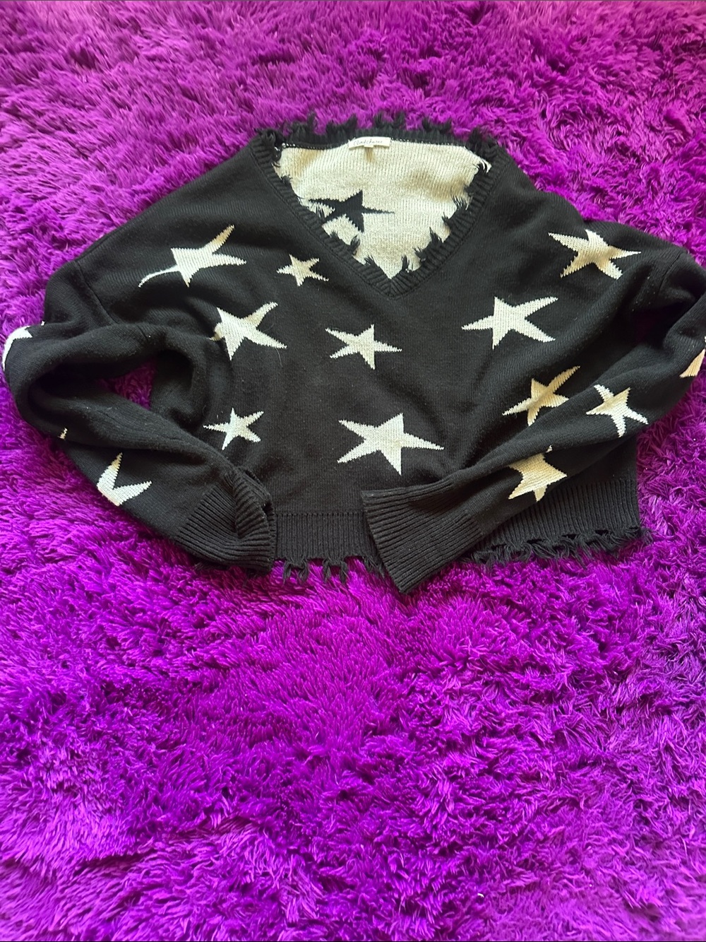Cloud Chaser Black V-Neck Sweater with White Star Pattern
